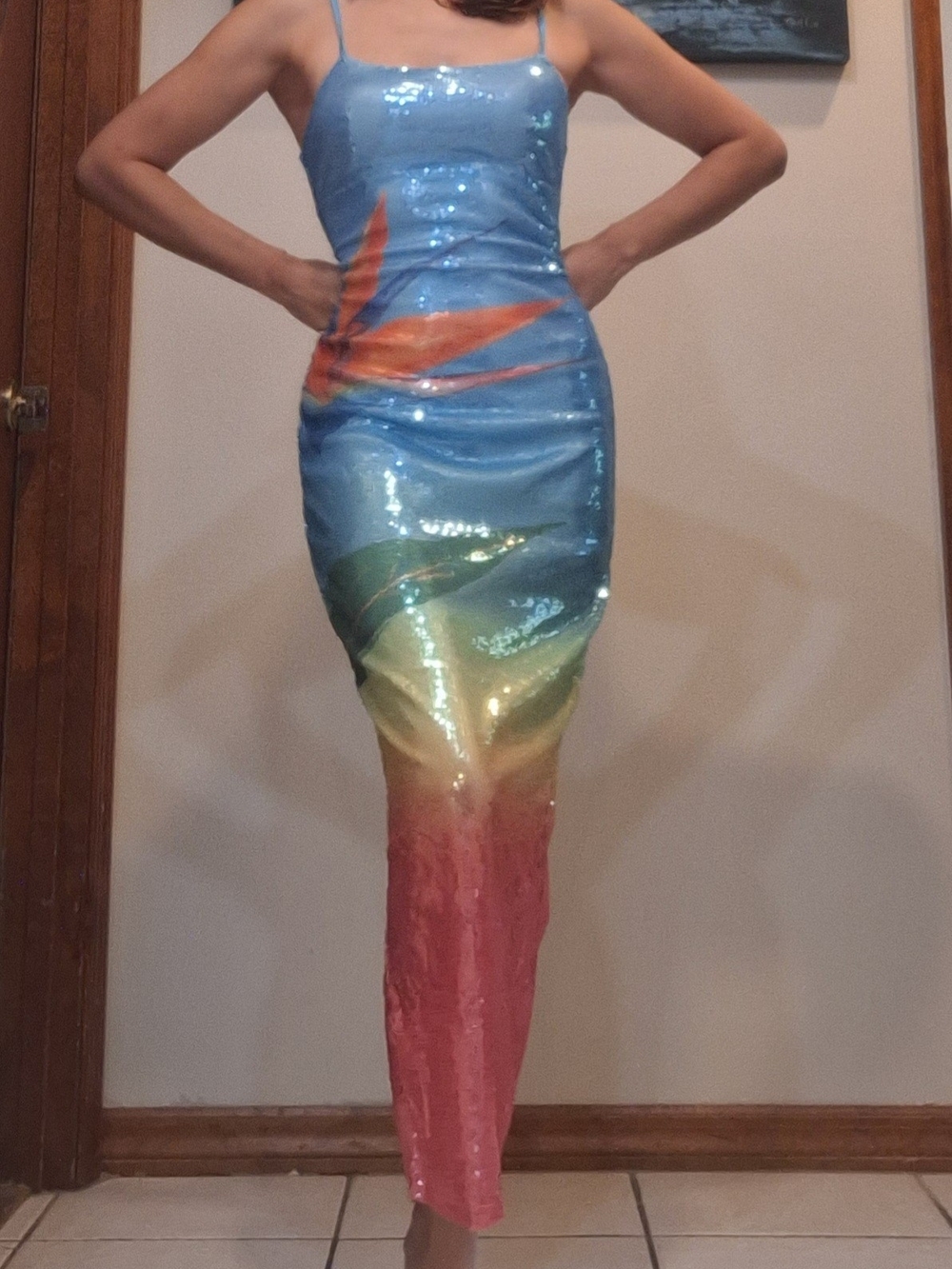 Sequin Ombre Slip Dress with Tropical Print